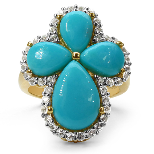 14K Yellow Gold Plated 6.31 Carat Genuine Turquoise & White Topaz .925 Sterling Silver Ring